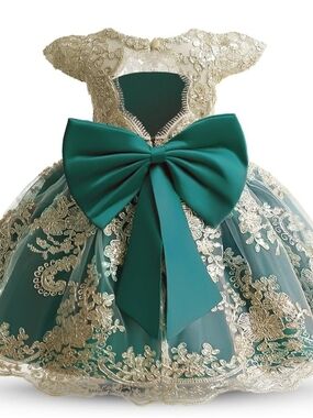 Elegant Girls' Teal and Gold Lace Party Dress with Large Bow
